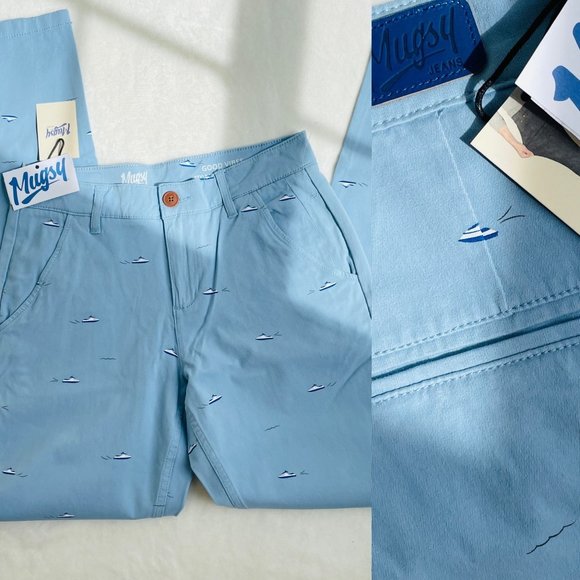 Mugsy Mens Waverunner Chino Pants 31x30 GOOD VIBES Light Blue Stretchy Jet Ski - Picture 9 of 9